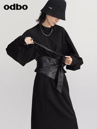 【商場同款】odbo/歐迪比歐長袖連衣裙女早秋2022新款黑色中長裙