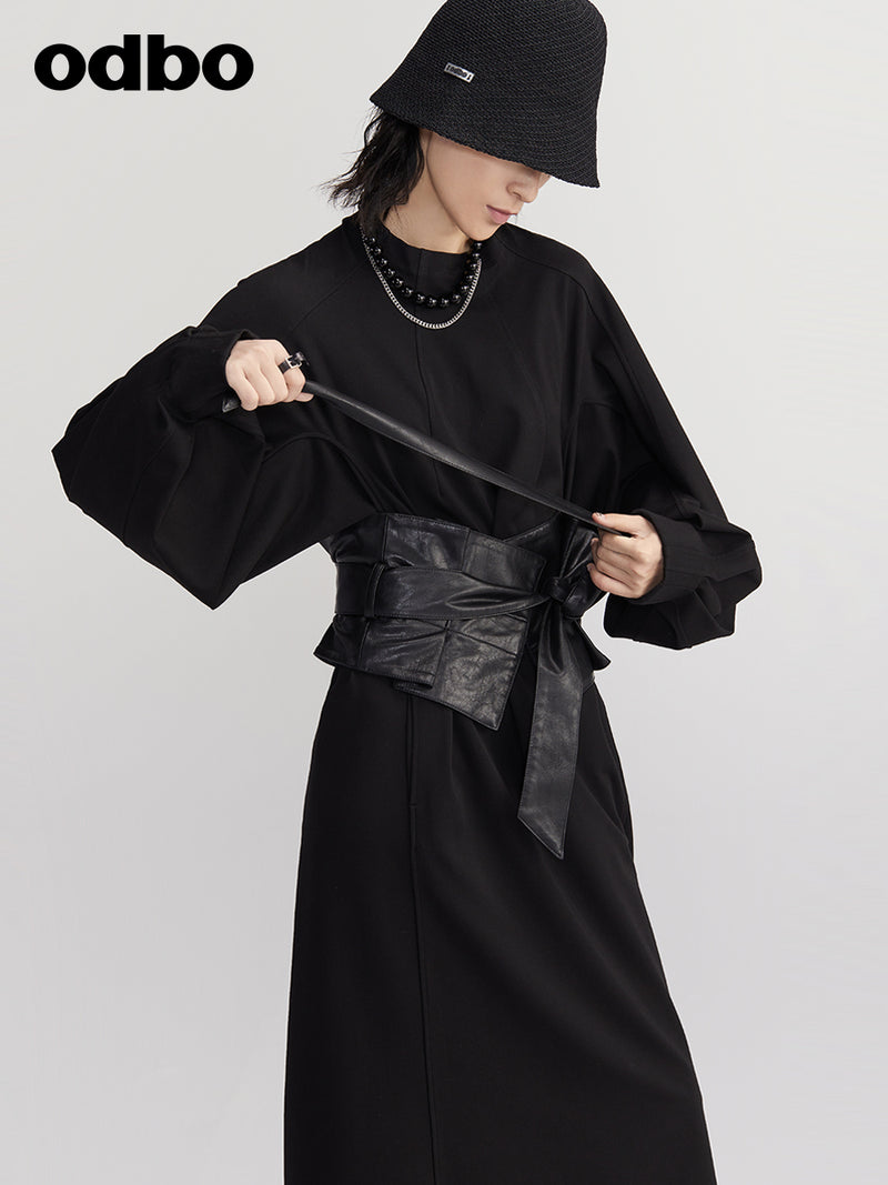 【商場同款】odbo/歐迪比歐長袖連衣裙女早秋2022新款黑色中長裙
