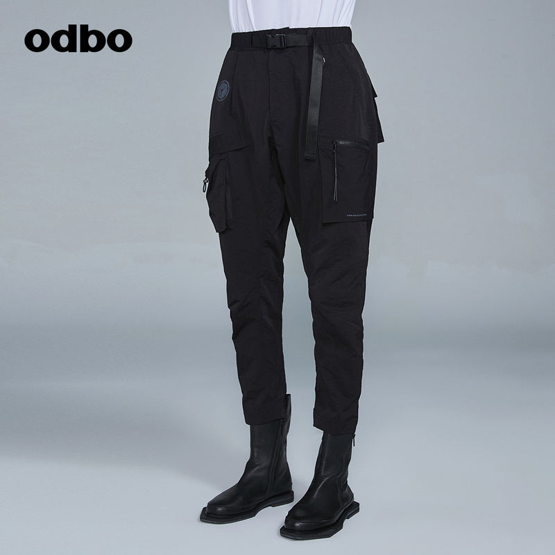 Odbo潮牌口袋織帶工裝褲男秋冬百搭2022新款鬆緊腰直筒休閒長褲