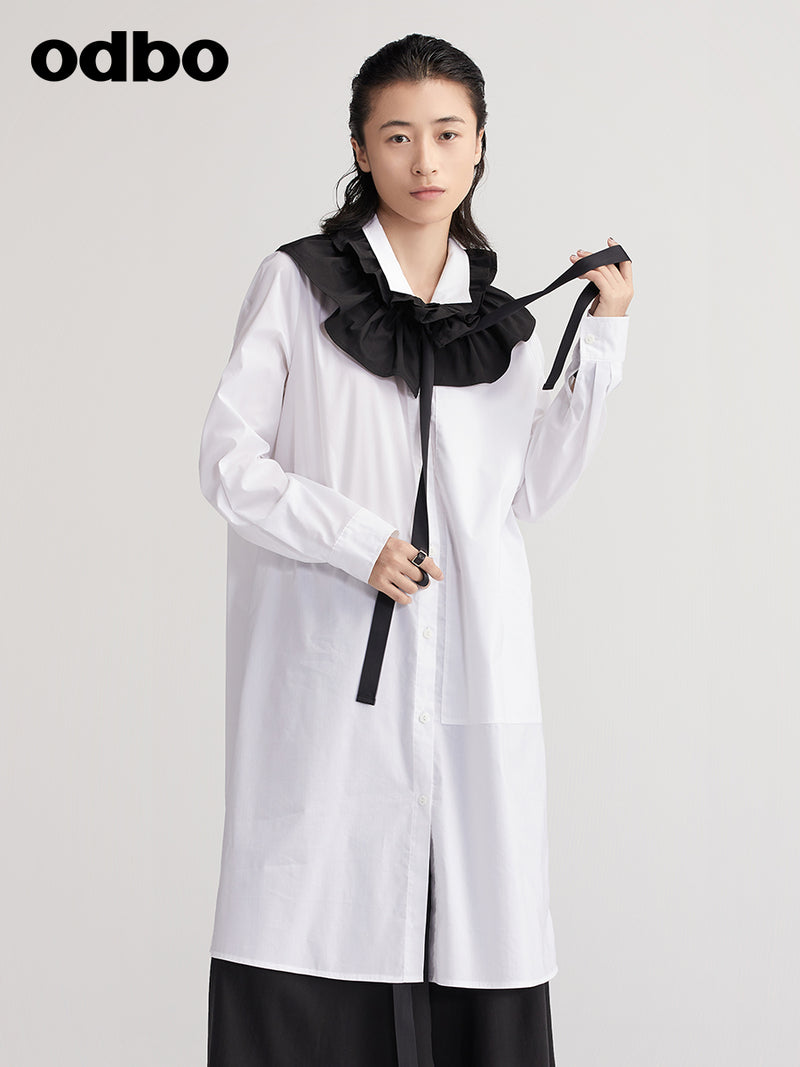 Odbo 商場同款2022夏新款寬鬆白色襯衫女中長花邊腰封上衣兩件套