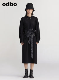 【商場同款】odbo/歐迪比歐長袖連衣裙女早秋2022新款黑色中長裙