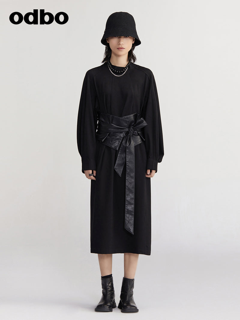 【商場同款】odbo/歐迪比歐長袖連衣裙女早秋2022新款黑色中長裙
