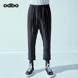 Odbo潮牌2022新款黑白時尚細豎條紋休閒褲男鬆緊腰墜感九分西褲子