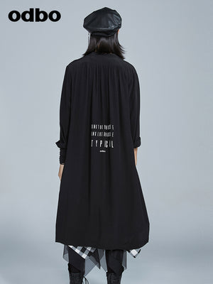Odbo長款氣質襯衫外套女2022新款休閒寬鬆百搭顯瘦黑色襯衣
