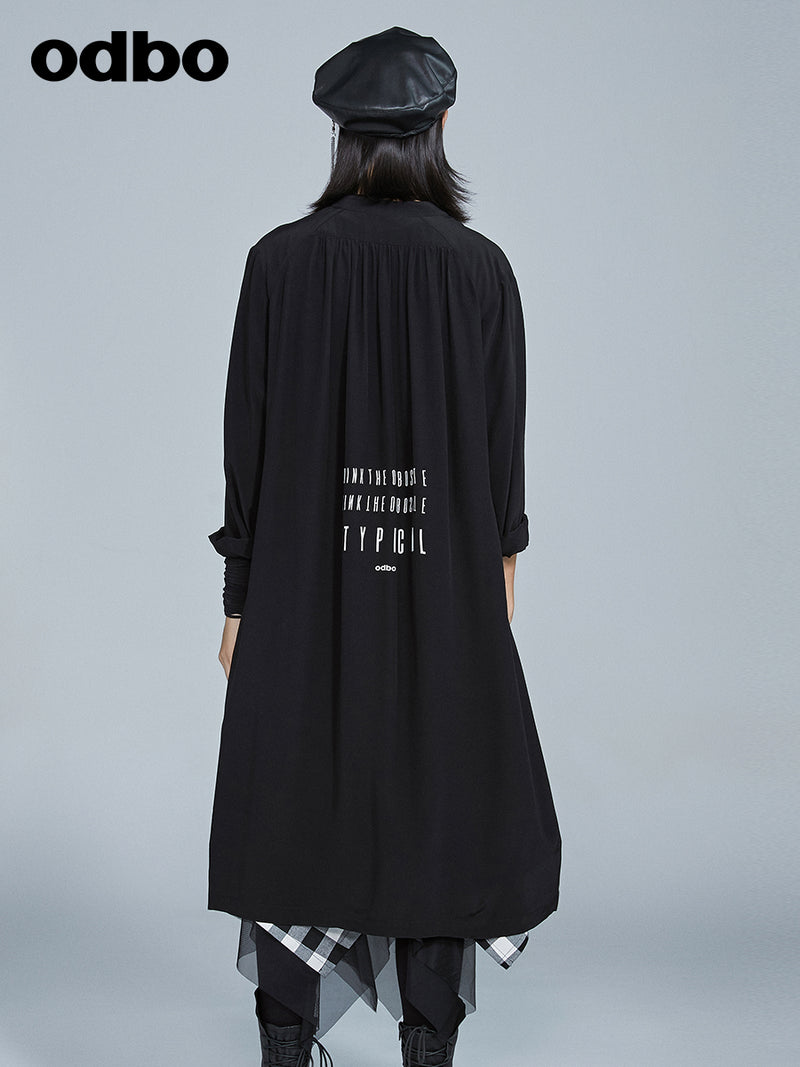 Odbo長款氣質襯衫外套女2022新款休閒寬鬆百搭顯瘦黑色襯衣