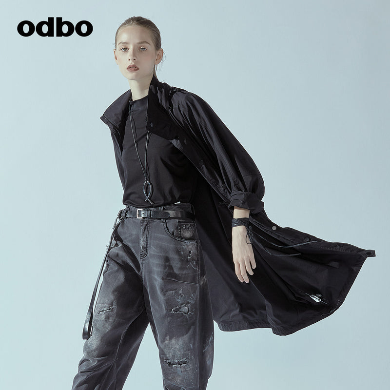 odbo 原創設計 中長款 工裝連帽外套 女2022新款 印花抽身收腰風衣