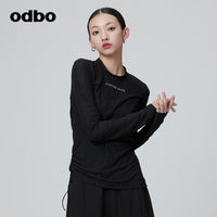 Odbo 煙管領抽繩設計長袖t恤女夏季2022年新款舒適百搭休閒上衣