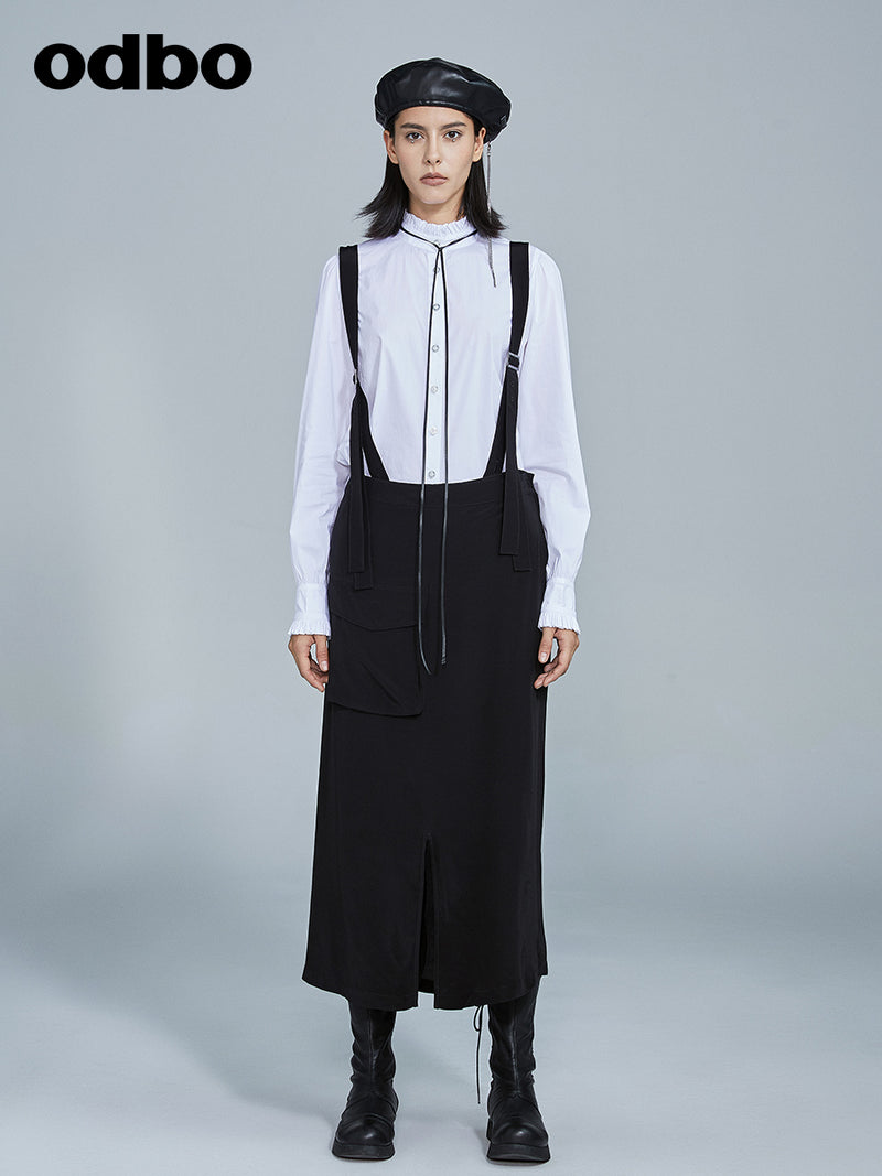 Odbo原創設計潮牌背帶褲女2022年秋冬新款寬鬆顯瘦開叉兩穿裙褲