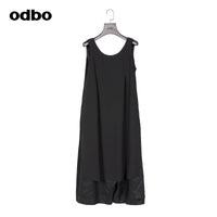 Odbo小眾假兩件連體褲女夏薄款亞麻時尚百搭黑色寬鬆闊腿七分褲