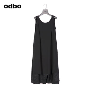 Odbo小眾假兩件連體褲女夏薄款亞麻時尚百搭黑色寬鬆闊腿七分褲