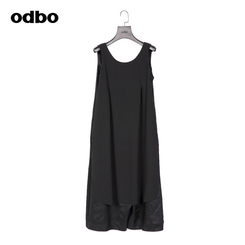 Odbo小眾假兩件連體褲女夏薄款亞麻時尚百搭黑色寬鬆闊腿七分褲