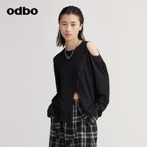【商場同款】odbo/歐迪比歐明線裝飾露肩T恤女秋冬2022年新款上衣