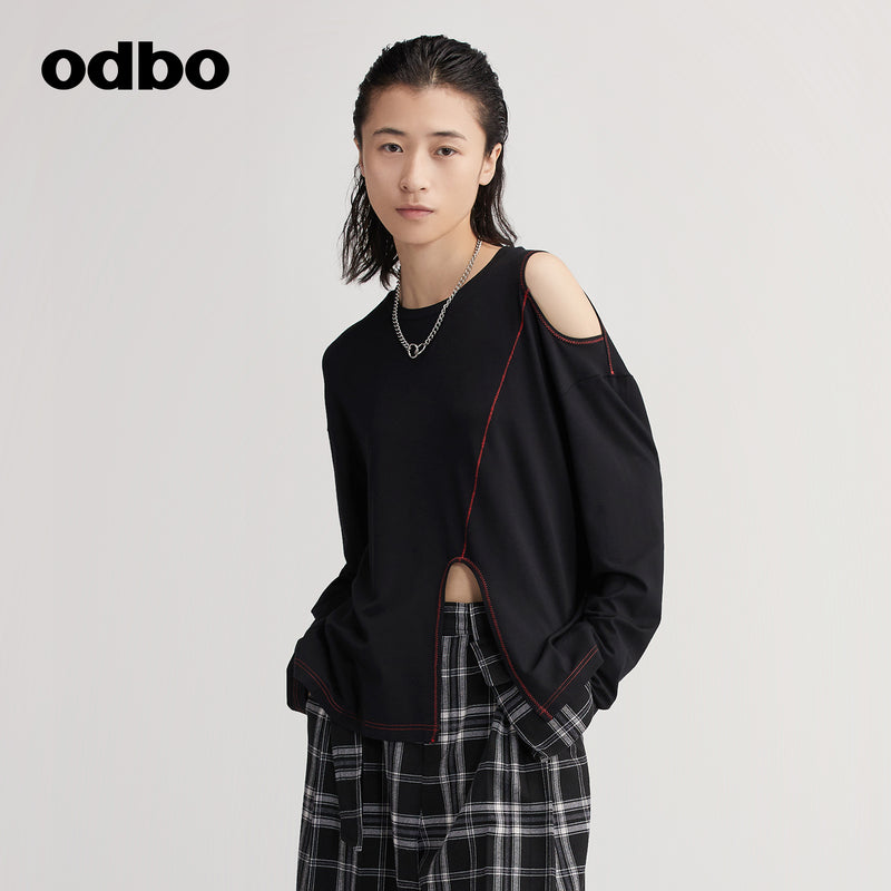 【商場同款】odbo/歐迪比歐明線裝飾露肩T恤女秋冬2022年新款上衣