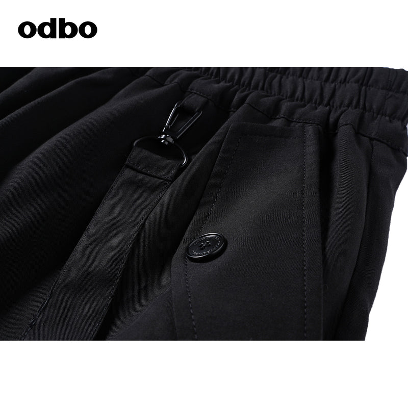 Odbo天絲棉工裝風鬆緊高腰黑色闊腿休閒七分褲女寬鬆夏可拆織帶