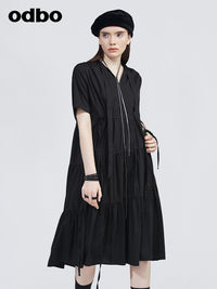 Odbo女神范氣質短袖V領黑色連衣裙女夏2022年新款寬鬆顯瘦小黑裙