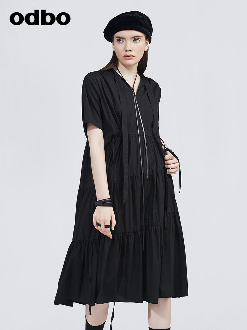 Odbo女神范氣質短袖V領黑色連衣裙女夏2022年新款寬鬆顯瘦小黑裙