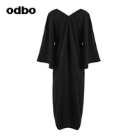 Odbo輕熟風黑色前後兩穿v領連衣裙女夏季2022年新款氣質顯瘦小眾