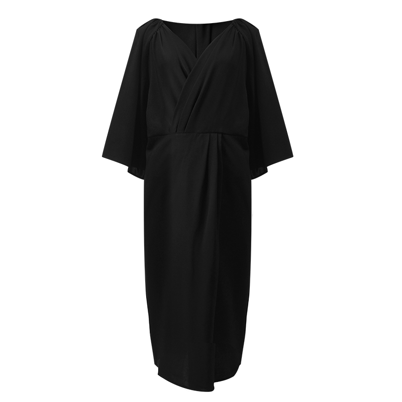 Odbo輕熟風黑色前後兩穿v領連衣裙女夏季2022年新款氣質顯瘦小眾