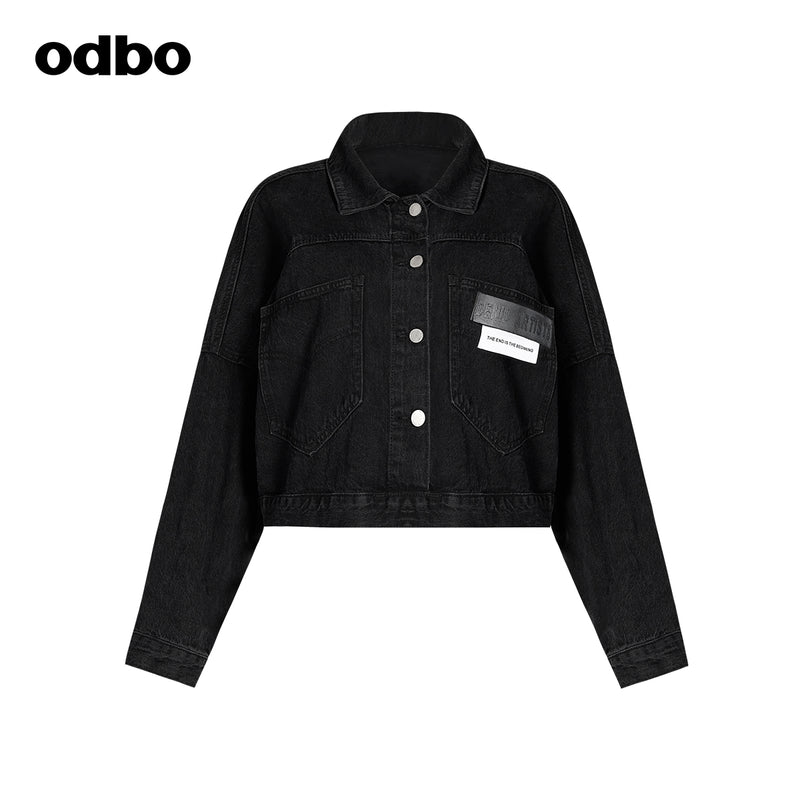 Odbo復古港味黑色短款牛仔外套女2022春季新款寬鬆百搭長袖潮牌