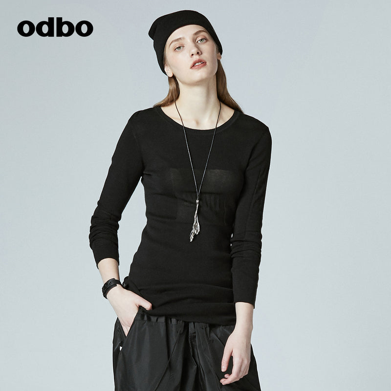 Odbo/歐迪比歐專櫃同款設計師品牌2022夏女圓領修身針織中長上衣