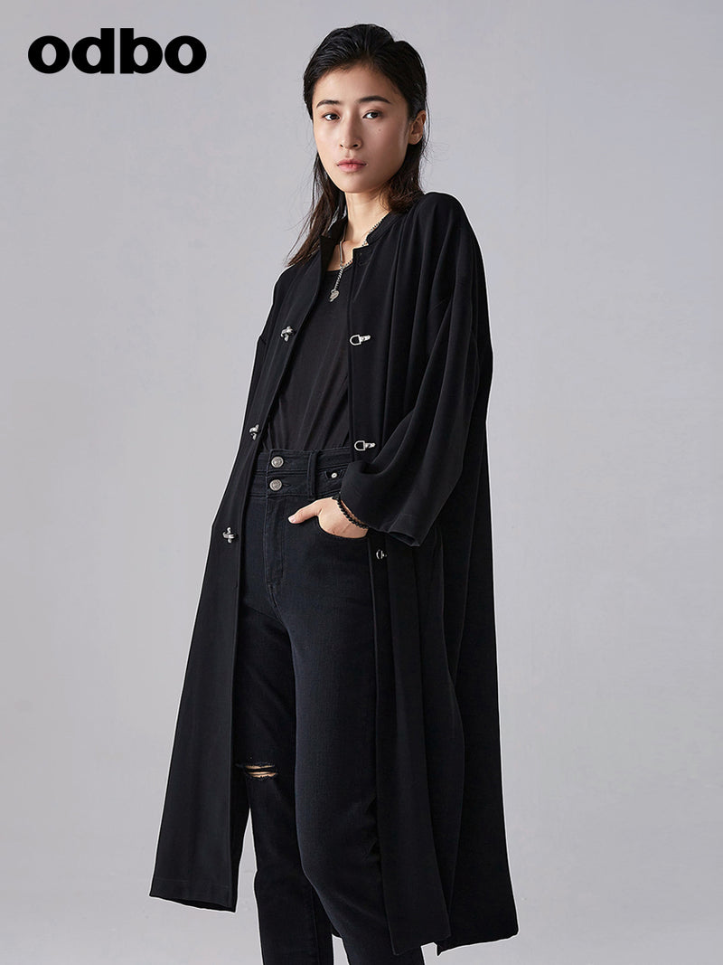 【商場同款】odbo/歐迪比歐春裝2022新款女潮流黑色中長風衣外套