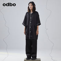 odbo 夏日套装休闲长裤显瘦睡衣风v领设计感衬衫高级感女装冷淡风