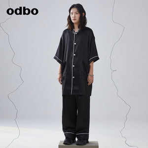 odbo 夏日套装休闲长裤显瘦睡衣风v领设计感衬衫高级感女装冷淡风