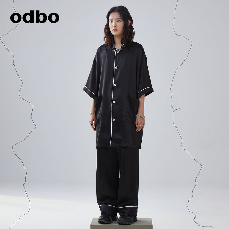 odbo 夏日套装休闲长裤显瘦睡衣风v领设计感衬衫高级感女装冷淡风