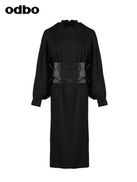 【商場同款】odbo/歐迪比歐長袖連衣裙女早秋2022新款黑色中長裙