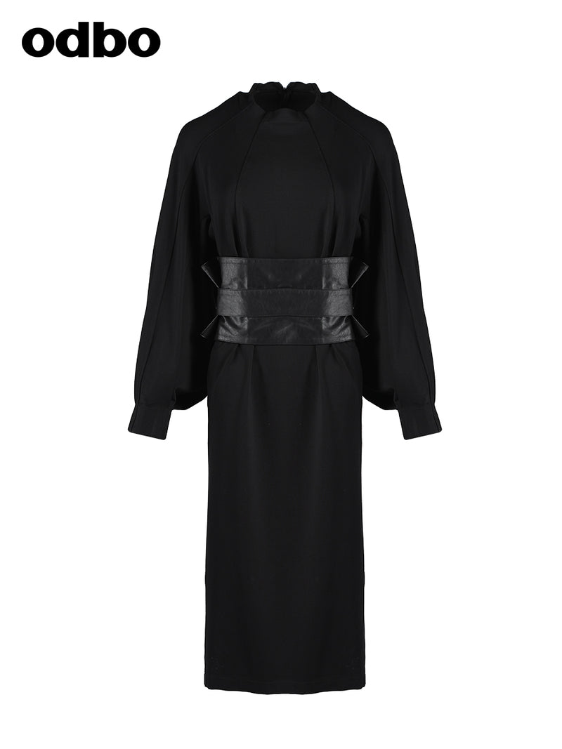 【商場同款】odbo/歐迪比歐長袖連衣裙女早秋2022新款黑色中長裙