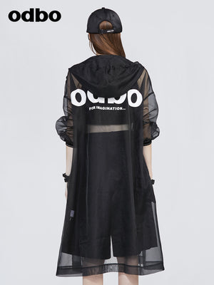Odbo連帽中長款防曬衣女2022年春夏新款透氣百搭長袖網紗薄外套