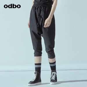 Odbo鬆緊高腰抽繩運動七分哈倫褲女春夏黑色百搭寬鬆顯瘦吊襠褲