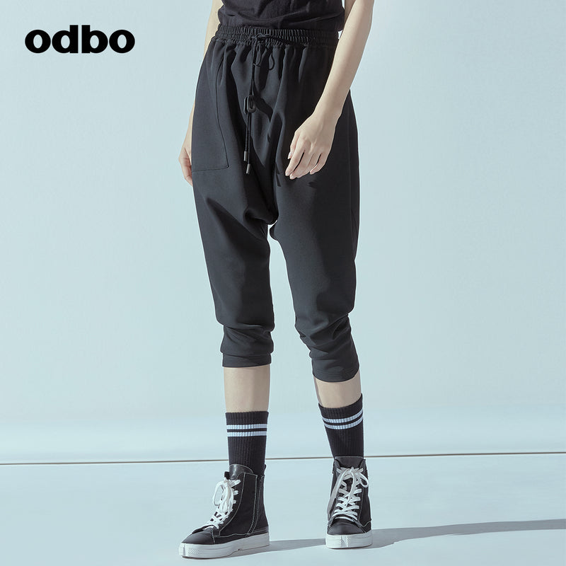Odbo鬆緊高腰抽繩運動七分哈倫褲女春夏黑色百搭寬鬆顯瘦吊襠褲