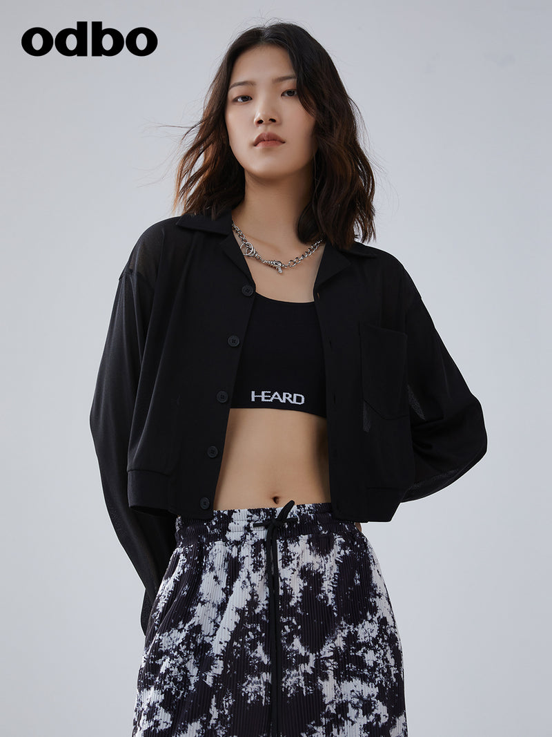 Odbo/歐迪比歐夏季2022年新款女單排扣黑色短外套女薄款防曬上衣