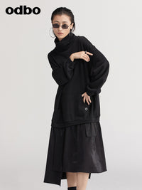 【商場同款】odbo/歐迪比歐春裝2022新款假兩件高領黑色連衣裙子