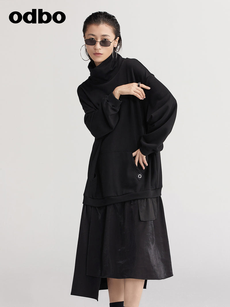 【商場同款】odbo/歐迪比歐春裝2022新款假兩件高領黑色連衣裙子