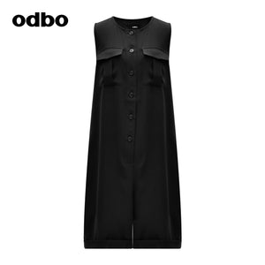Odbo無袖連體褲女早秋氣質時尚2022新款黑色寬鬆顯瘦圓領卷邊潮