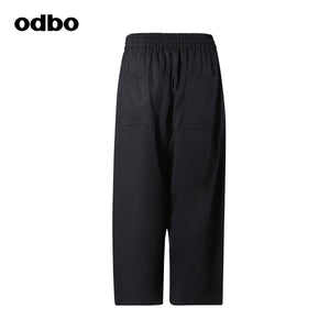 Odbo潮牌鬆緊高腰休閒褲女寬鬆夏新款垂感黑色顯瘦百搭闊腿長褲