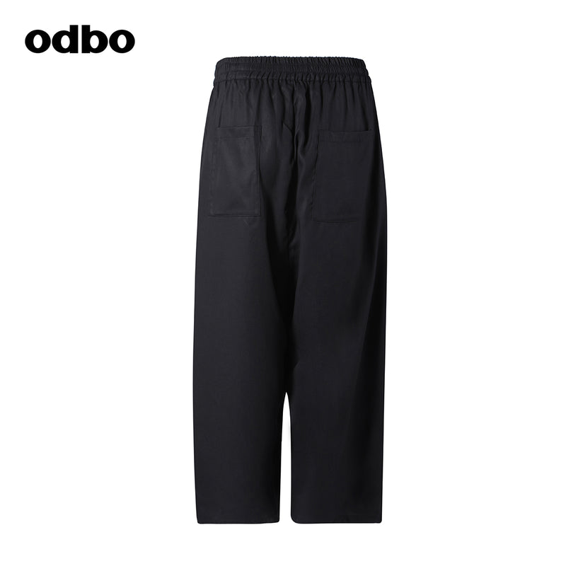 Odbo潮牌鬆緊高腰休閒褲女寬鬆夏新款垂感黑色顯瘦百搭闊腿長褲