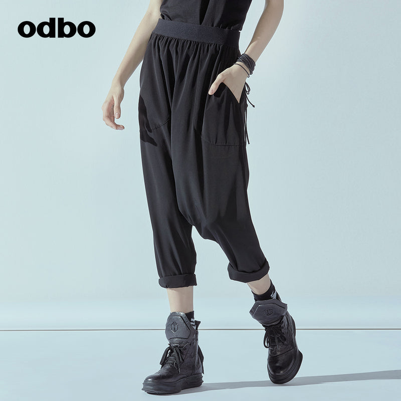 Odbo潮牌百搭吊襠褲女夏季新款鬆緊高腰哈倫褲黑色顯瘦卷邊垮褲