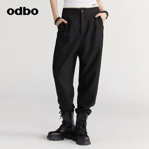 【商場同款】odbo/歐迪比歐秋冬2022新款黑色休閒褲女寬鬆直筒褲