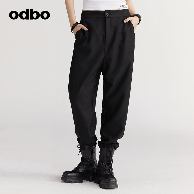 【商場同款】odbo/歐迪比歐秋冬2022新款黑色休閒褲女寬鬆直筒褲