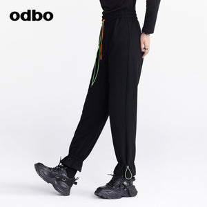 Odbo 時尚運動撞色系帶束腳休閒褲女夏季2022年新款百搭針織長褲