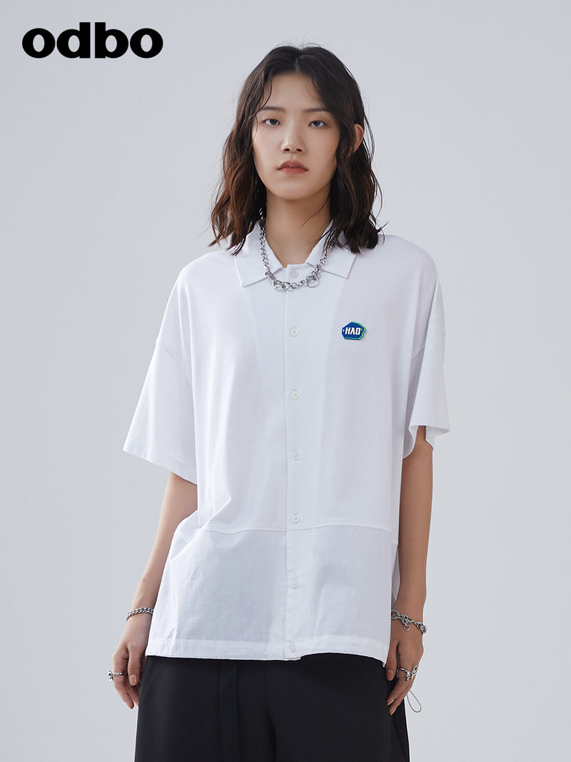 odbo 森女系上衣襯衣 2022夏 短袖拼接 中長白色襯衫