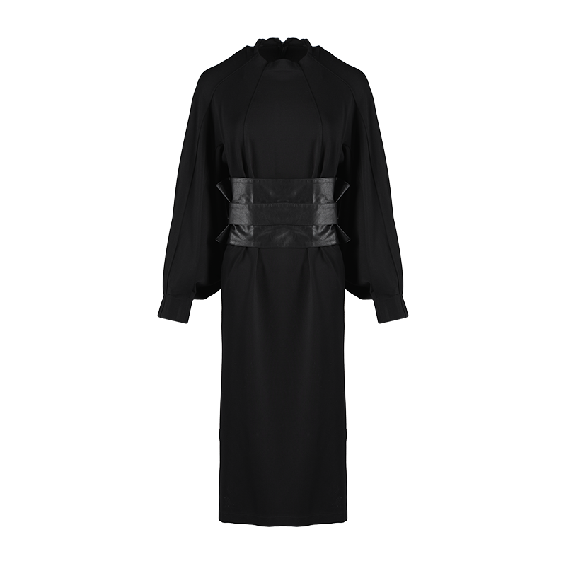 【商場同款】odbo/歐迪比歐長袖連衣裙女早秋2022新款黑色中長裙