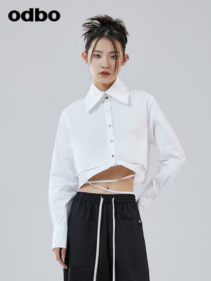 Odbo 時尚設計感小眾系帶白色長袖襯衫女夏季2022年新款短款上衣