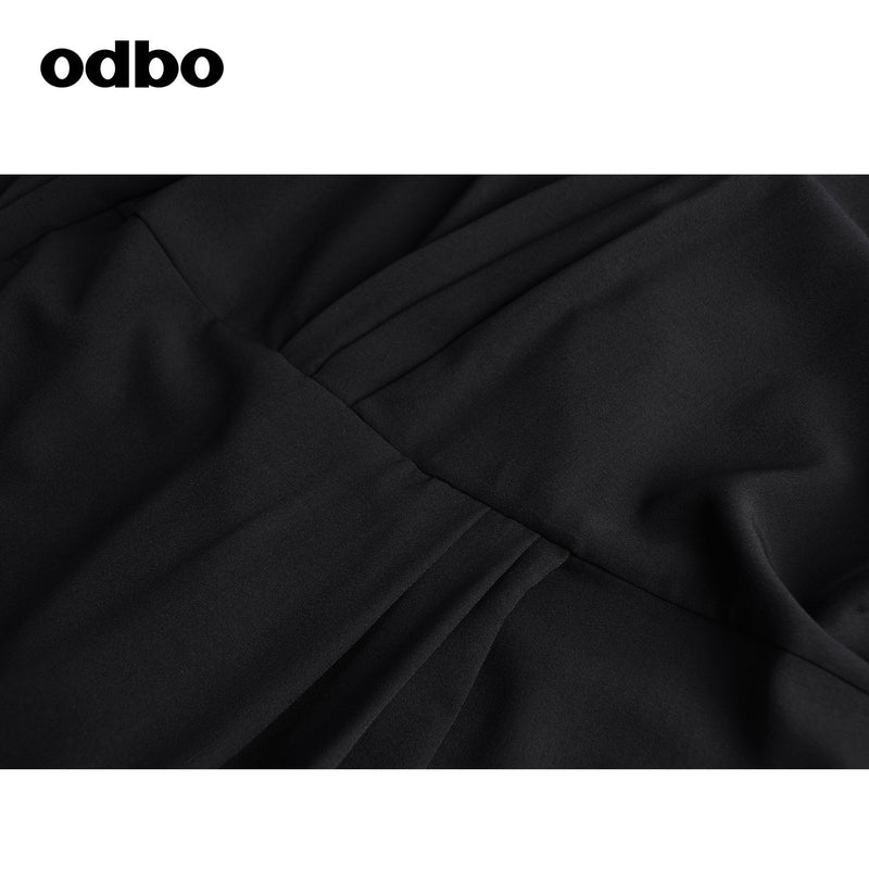 Odbo輕熟風黑色前後兩穿v領連衣裙女夏季2022年新款氣質顯瘦小眾