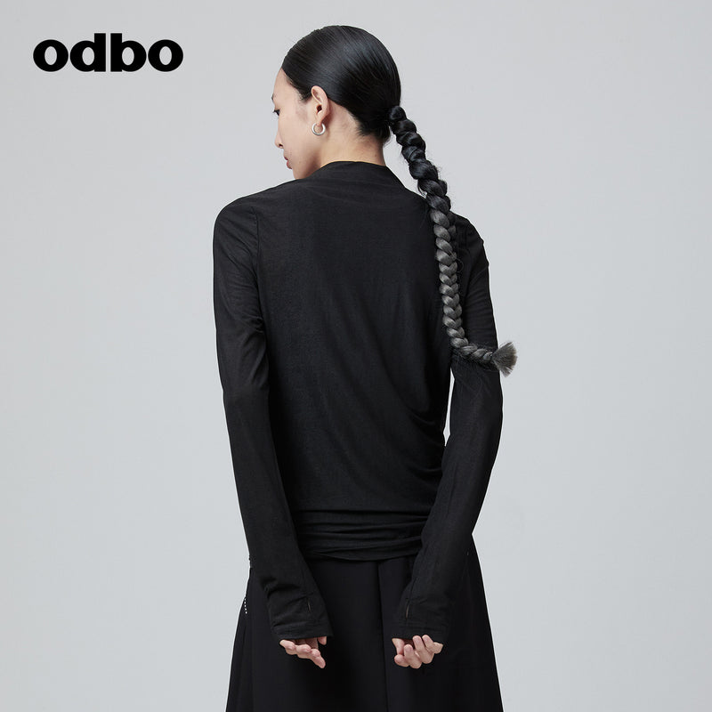 Odbo 煙管領抽繩設計長袖t恤女夏季2022年新款舒適百搭休閒上衣