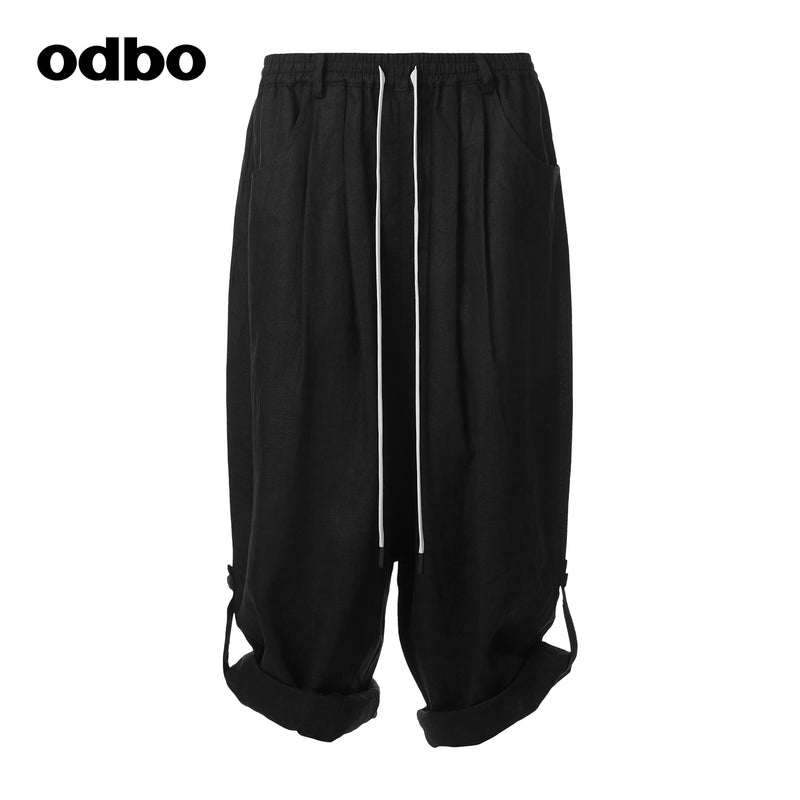 odbo抽繩 收腰 黑色休閒褲 女 七分 闊腿工裝褲