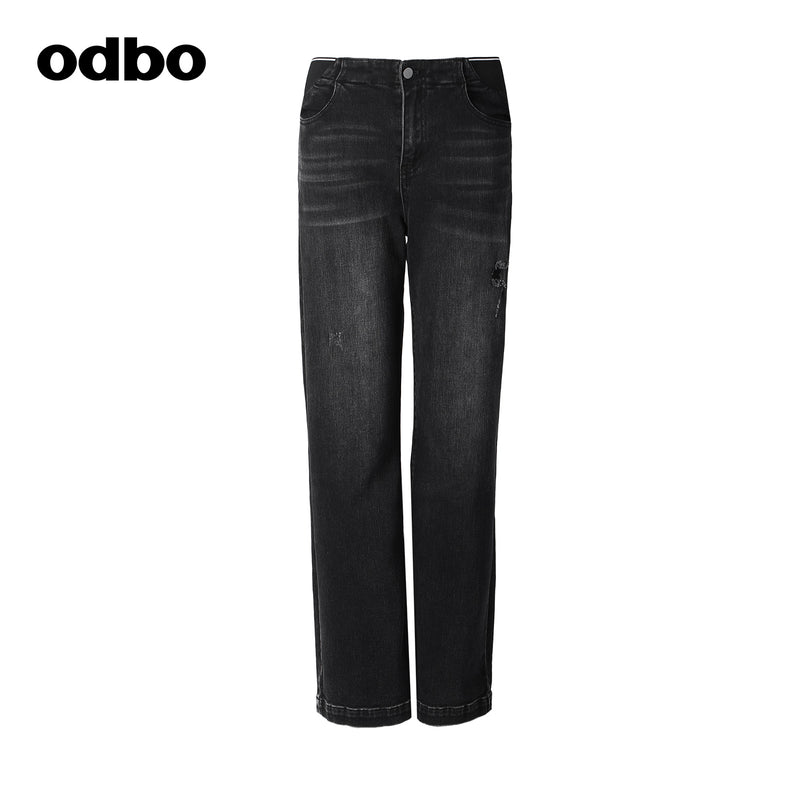 【商場同款】odbo/歐迪比歐復古牛仔休閒褲女秋冬2022新款闊腿褲
